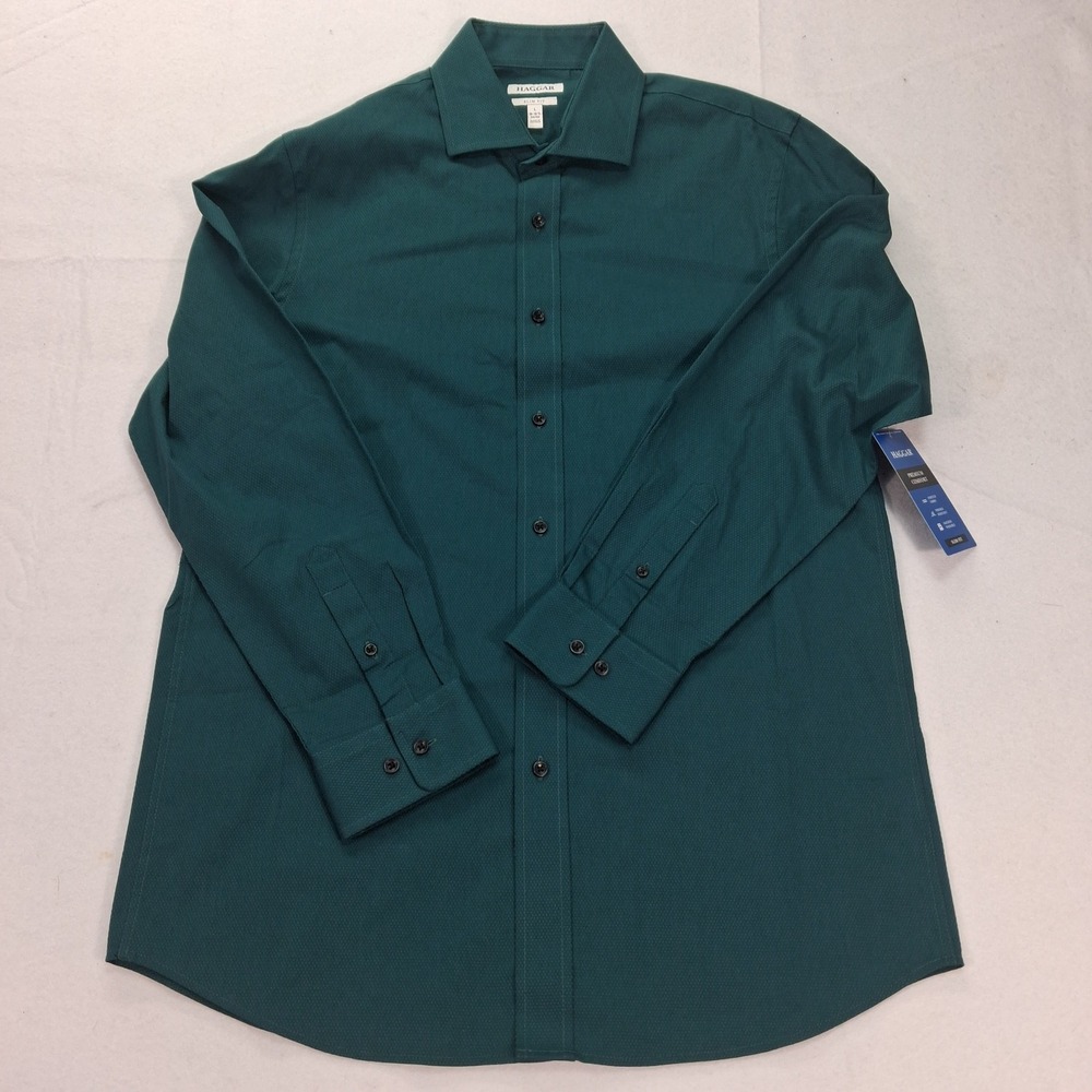 Haggar Dress Shirt Mens L 16-16.5 34/35 Slim Fit Green Premium Comfort NEW